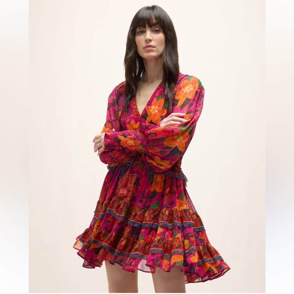 Farm Rio Tropical Tapestry Tiered Puff-Sleeve Mini Dress Size S